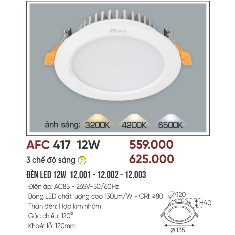 p041-b03-thong-so Đèn LED âm trần AFC 417 LED 12W Anfaco - 3 màu 4