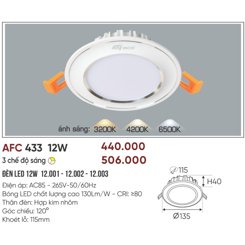 p042-b02-thong-so Đèn LED âm trần AFC 433 LED 12W Anfaco - 3 màu 4