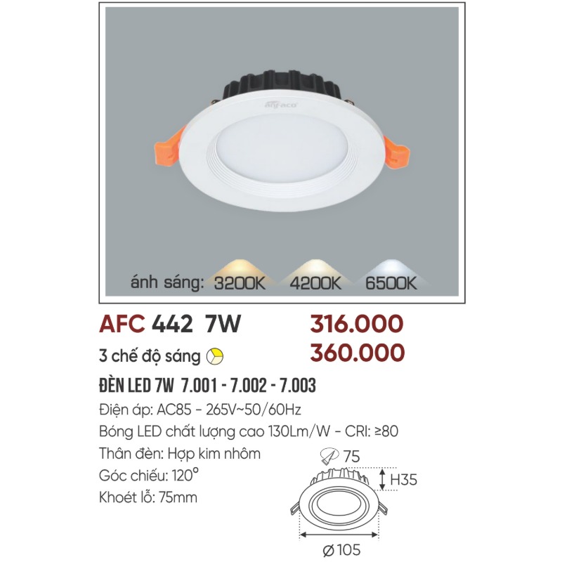 p042-b03-thong-so Đèn LED âm trần AFC 442 LED 7W Anfaco - 3 màu 4