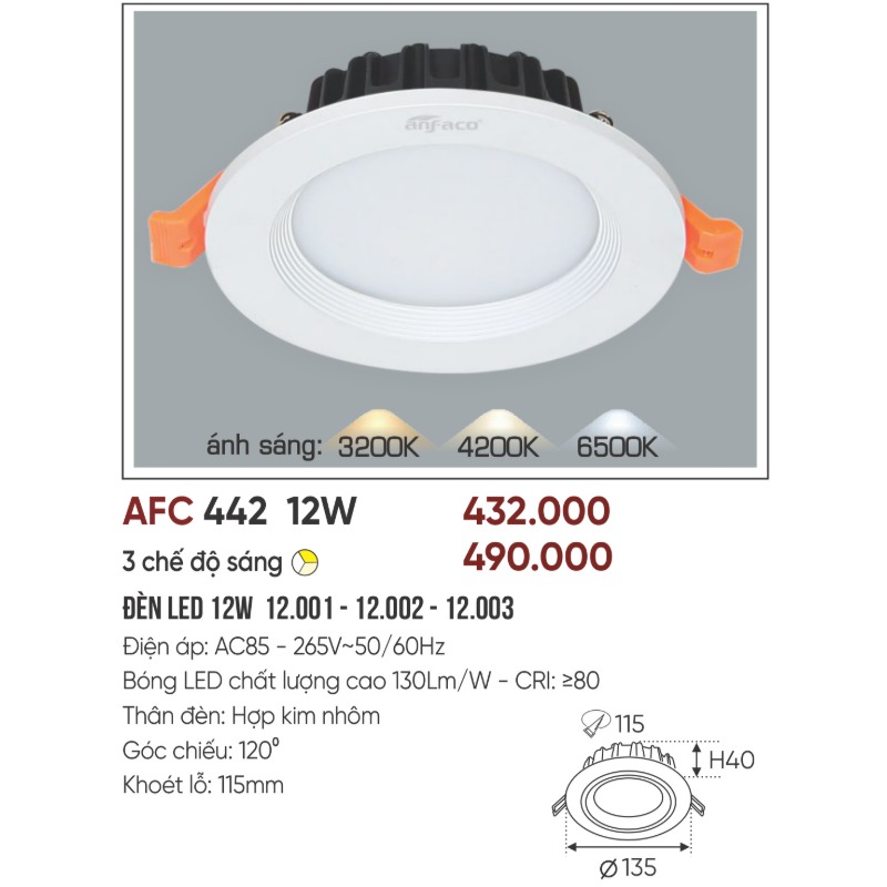 p042-b05-thong-so Đèn LED âm trần AFC 442 LED 12W Anfaco - 3 màu 4